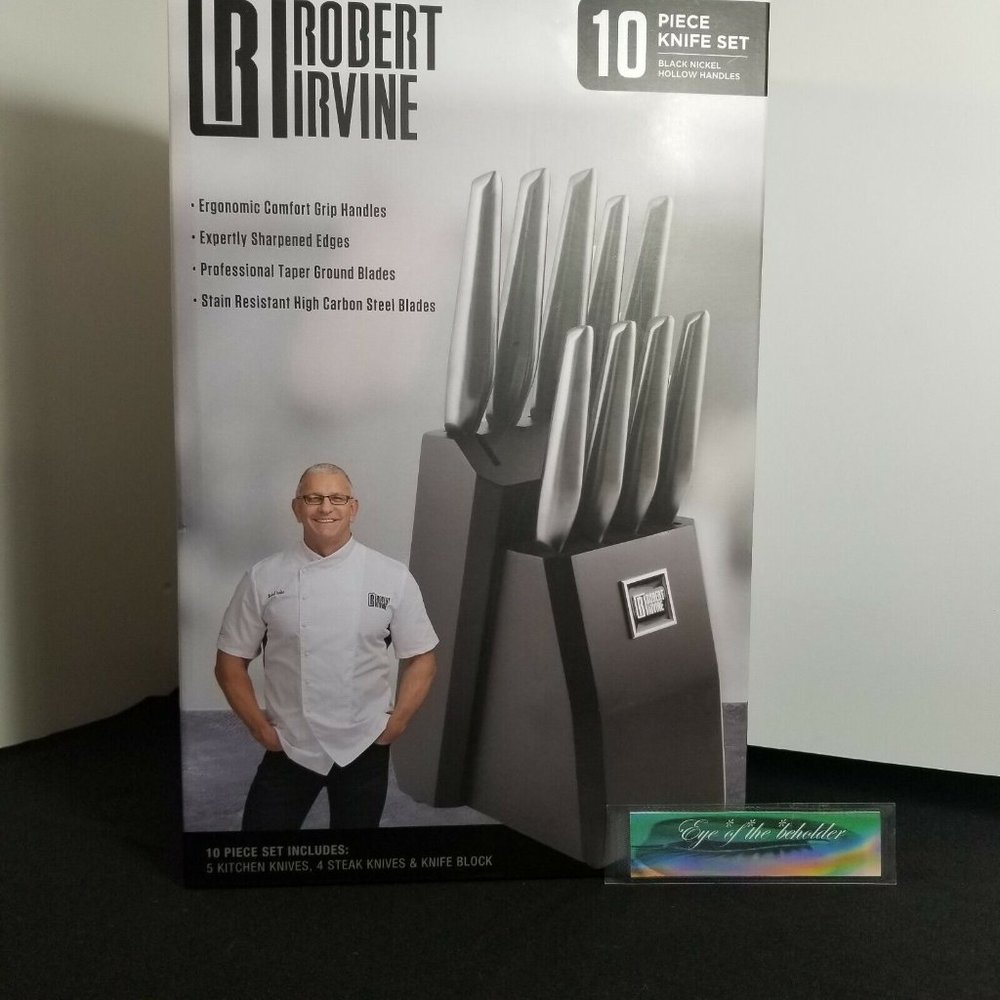 Robert Irvine 10 PC Knife Set Black Nickel Hollow Handle Carbon Steel Blade New